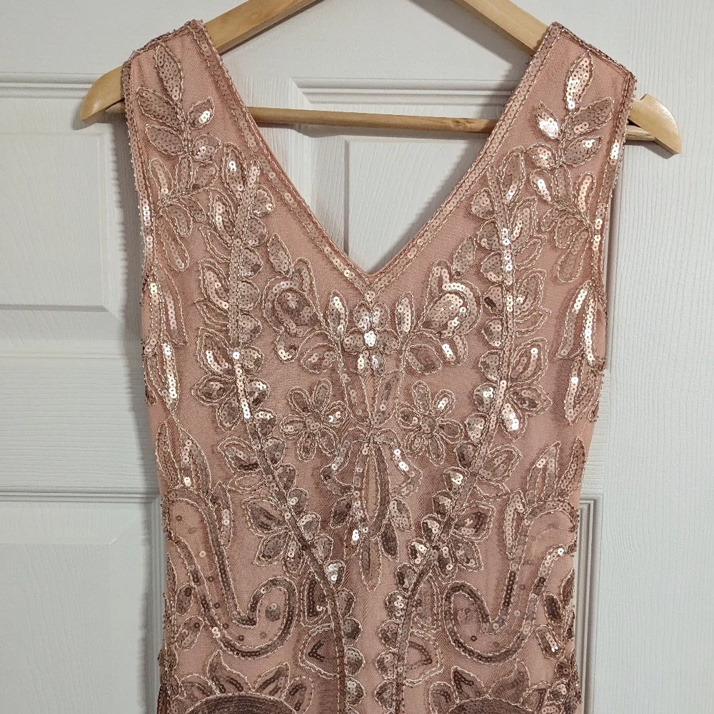 Kayamiya rose gold blush flapper dress sequin fringe size small (read condition)